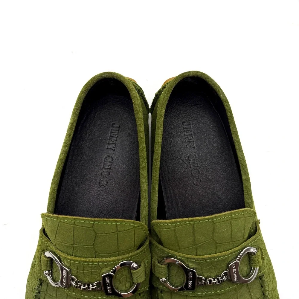 Jimmy Choo Croc Embossed Suede Driving Loafers Green Silver Hardware Size 46